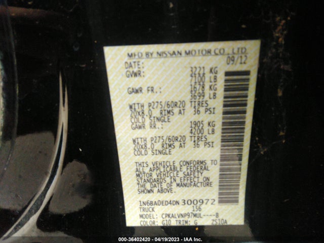 2013 NISSAN TITAN SL VIN: 1N6BA0ED4DN300972