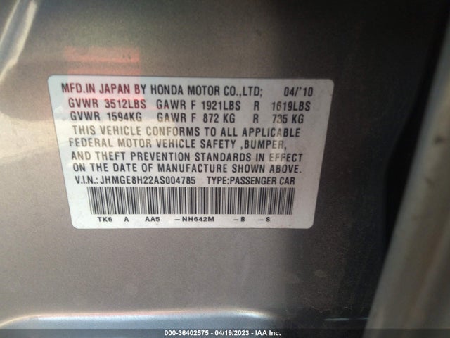 2010 HONDA FIT VIN: JHMGE8H22AS004785