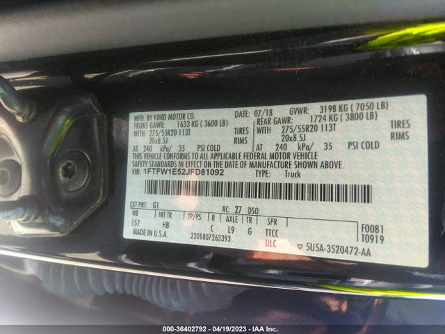 2018 FORD F-150 XL/XLT/LARIAT VIN: 1FTFW1E52JFD81092