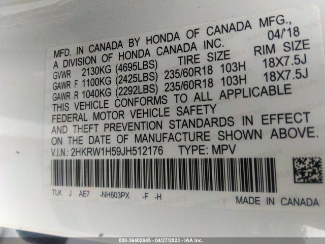 Honda CR-V EX 2018 2HKRW1H59JH512176 Image 10