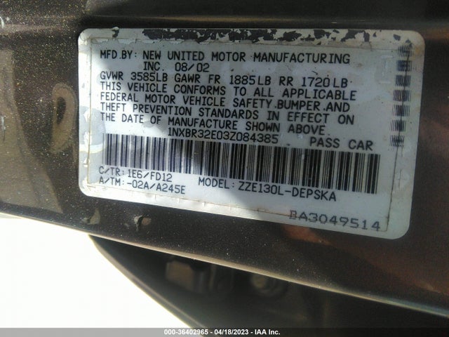 2003 TOYOTA COROLLA CE/S/LE VIN: 1NXBR32E03Z084385