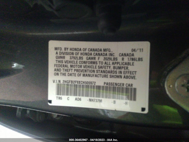 2012 HONDA CIVIC SDN EX-L VIN: 2HGFB2F9XCH505972