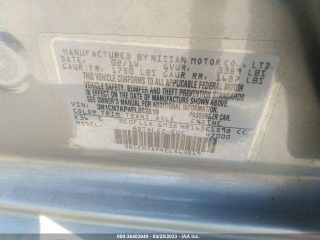 3N1CN7AP4EL863819 Nissan Versa Sl