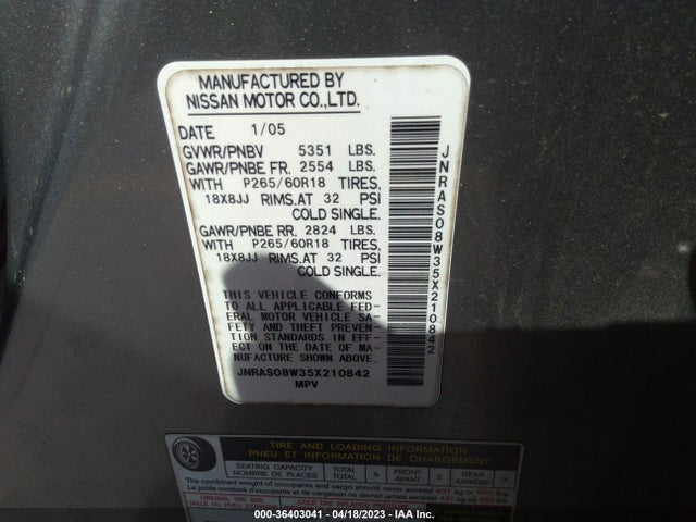 2005 INFINITI FX35 VIN: JNRAS08W35X210842