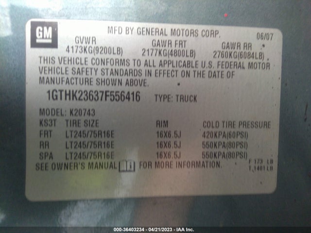 2007 GMC SIERRA 2500HD SLE1 VIN: 1GTHK23637F556416