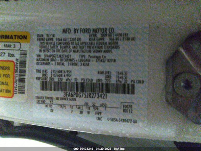 3FA6P0G75JR273421 Ford FUSION S