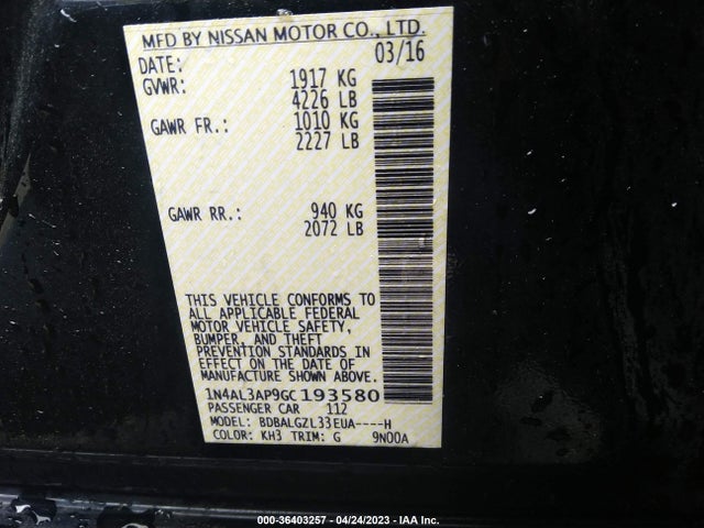 2016 NISSAN ALTIMA 2.5 S VIN: 1N4AL3AP9GC193580