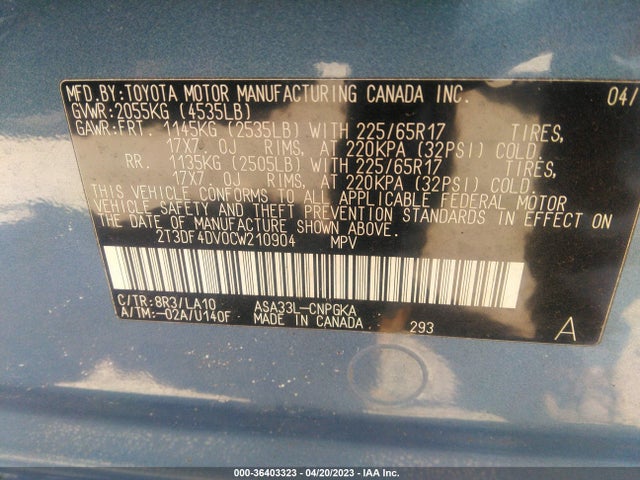 2012 TOYOTA RAV4 LIMITED VIN: 2T3DF4DV0CW210904