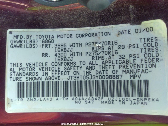 2000 TOYOTA LAND CRUISER VIN: JT3HT05J3Y0098887