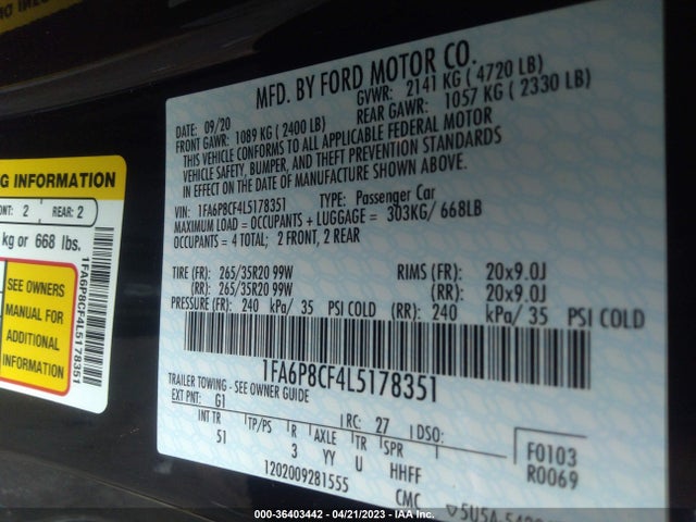 2020 FORD MUSTANG GT VIN: 1FA6P8CF4L5178351