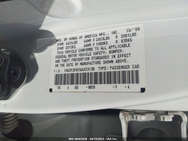 2010 HONDA ACCORD SDN EX-L VIN: 1HGCP2F87AA033138