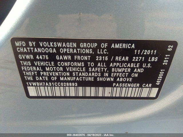 2012 VOLKSWAGEN PASSAT SE W/SUNROOF & NAV VIN: 1VWBH7A31CC028893