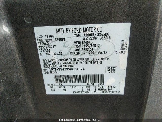 2005 FORD F-150 XLT/FX4/LARIAT/KING RANCH VIN: 1FTPW14595KC54374