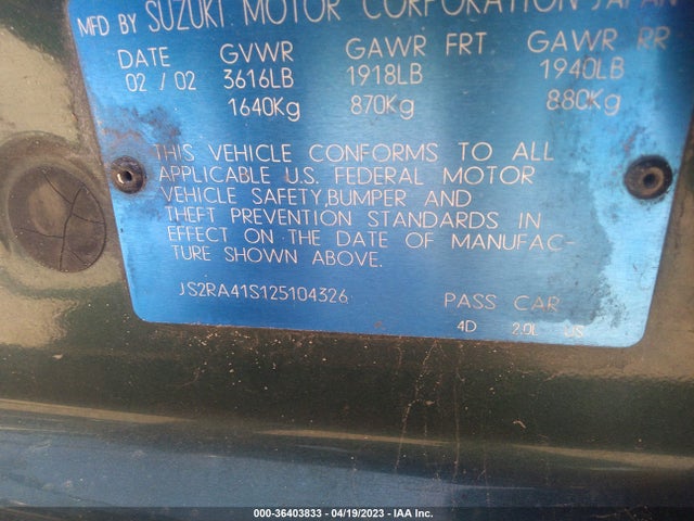 2002 SUZUKI AERIO S/GS VIN: JS2RA41S125104326