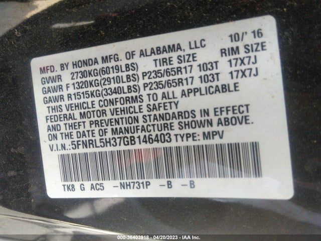 Honda ODYSSEY SE 2016 5FNRL5H37GB146403 Image 9