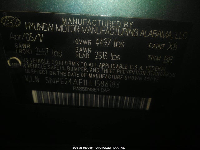 2017 HYUNDAI SONATA SE VIN: 5NPE24AF1HH586183