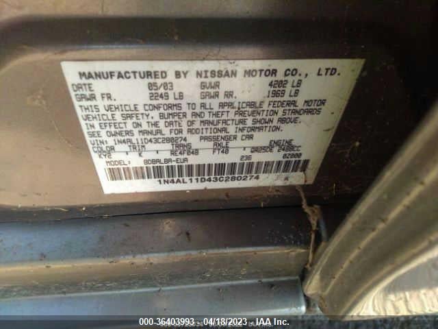 2003 NISSAN ALTIMA S VIN: 1N4AL11D43C280274