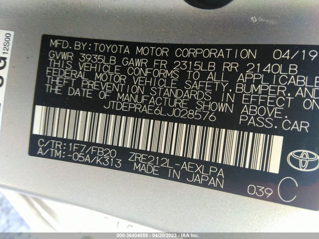 2020 TOYOTA COROLLA LE VIN: JTDEPRAE6LJ028576