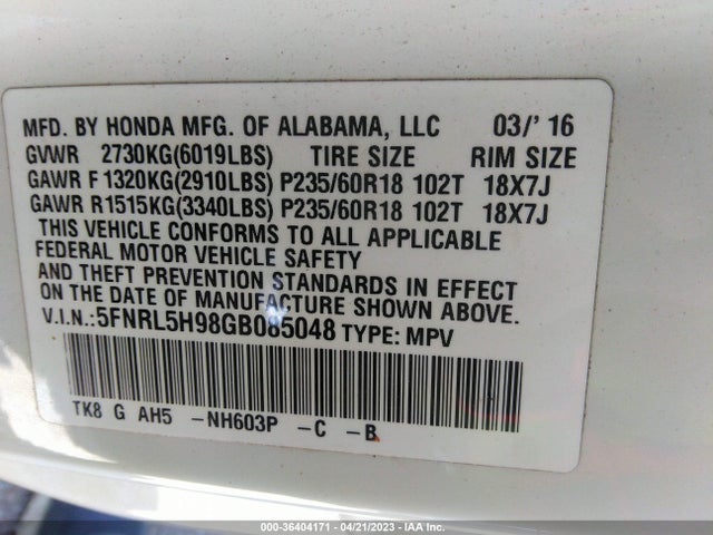 Honda Odyssey Touring 2016 5FNRL5H98GB085048 Image 9