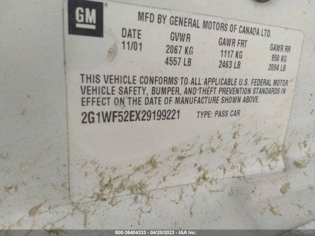 2002 CHEVROLET IMPALA VIN: 2G1WF52EX29199221