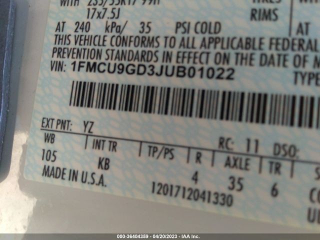 1FMCU9GD3JUB01022 Ford ESCAPE SE