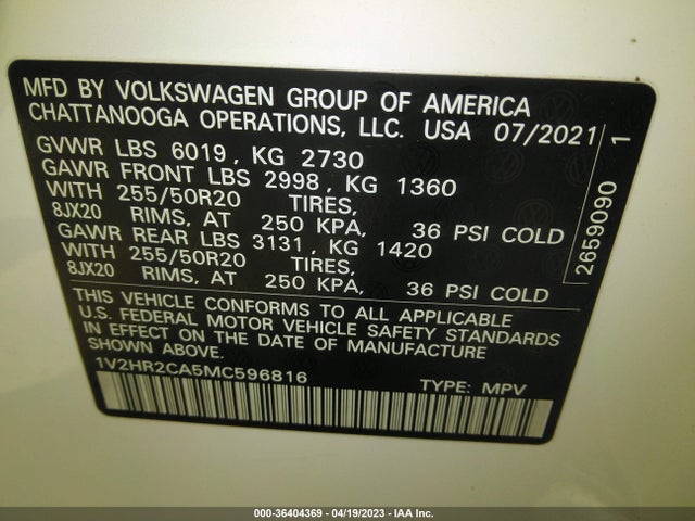 1V2HR2CA5MC596816 Volkswagen Atlas 3.6l V6 Se W/technology