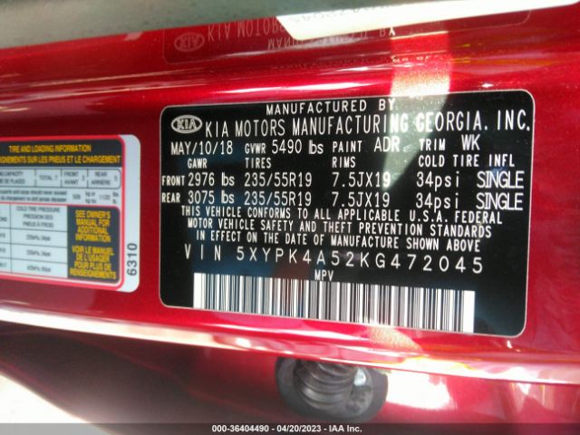 5XYPK4A52KG472045 KIA Sorento Sx V6