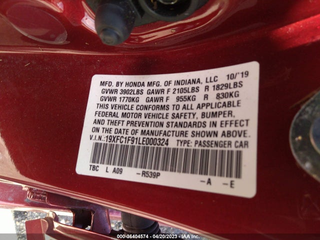 2020 HONDA CIVIC SEDAN TOURING VIN: 19XFC1F91LE000324