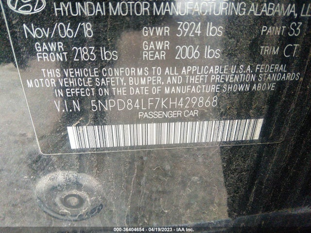 2019 HYUNDAI ELANTRA SEL VIN: 5NPD84LF7KH429868