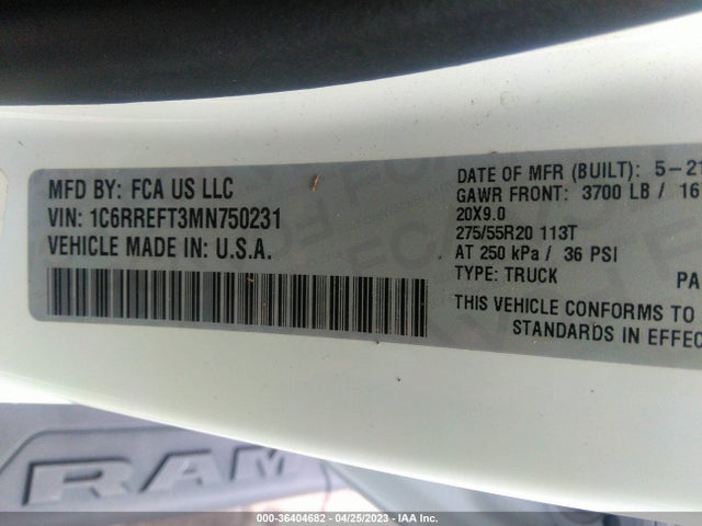 2021 RAM 1500 BIG HORN VIN: 1C6RREFT3MN750231