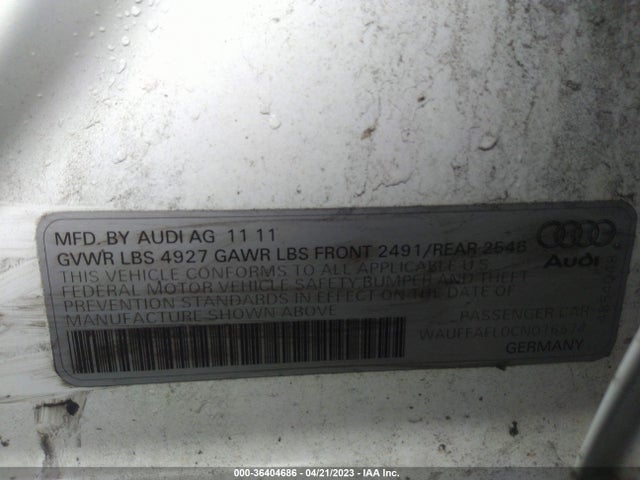 2012 AUDI A4 2.0T PREMIUM PLUS VIN: WAUFFAFL0CN016574