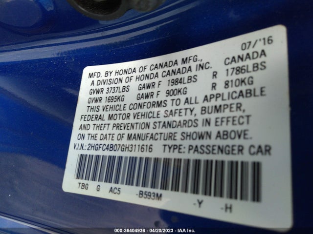 Honda Civic Coupe Lx-p 2016 2HGFC4B07GH311616 Image 9