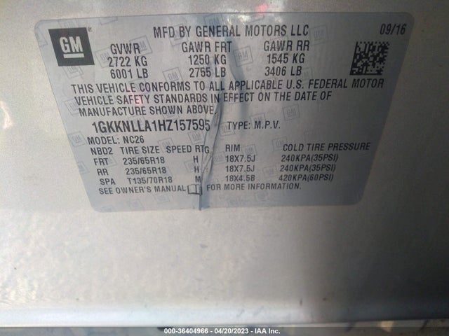 GMC ACADIA SLE 2017 1GKKNLLA1HZ157595 Image 9