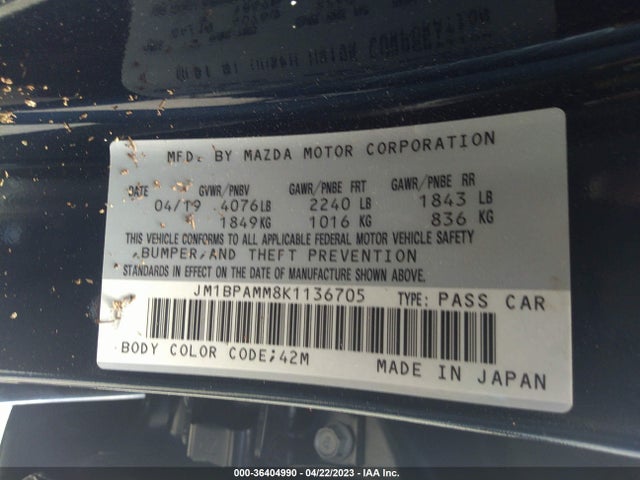 2019 MAZDA MAZDA3 HATCHBACK W/PREFERRED PKG VIN: JM1BPAMM8K1136705
