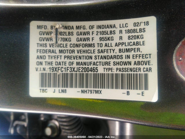 2018 HONDA CIVIC SEDAN EX-T VIN: 19XFC1F3XJE200465