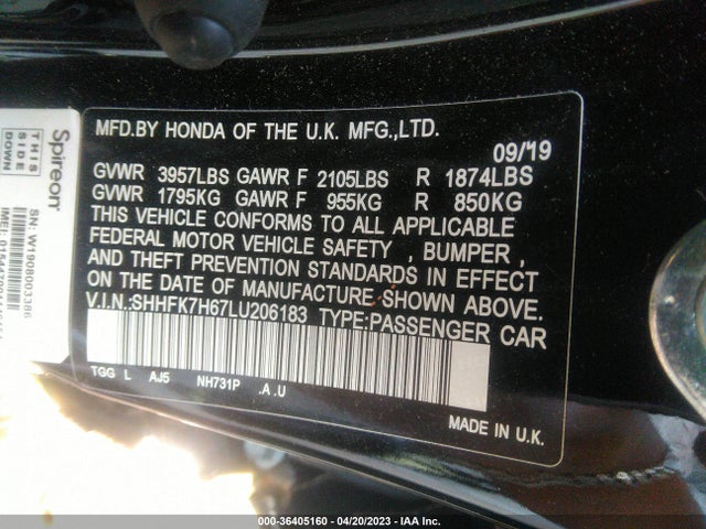 Honda Civic Hatchback Ex 2020 SHHFK7H67LU206183 Image 9