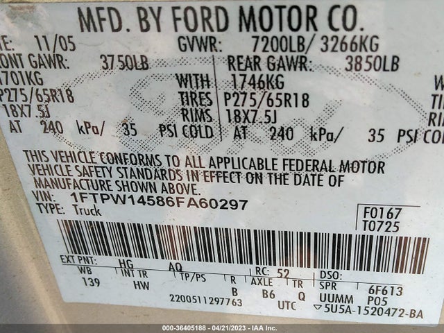 2006 FORD F-150 XLT/FX4/LARIAT/KING RANCH VIN: 1FTPW14586FA60297