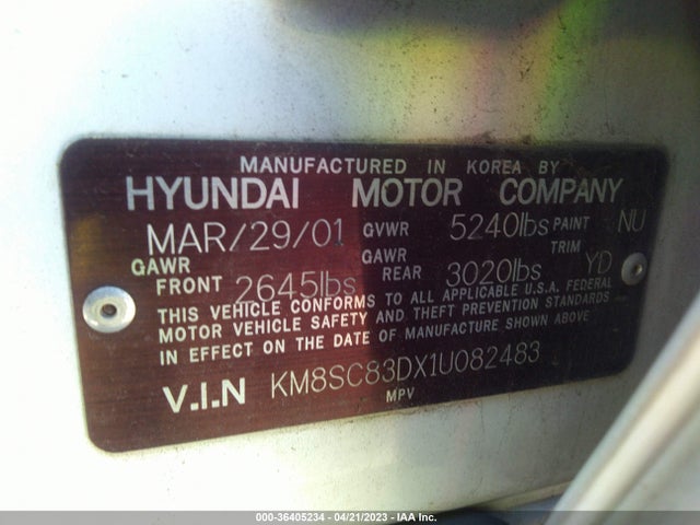 2001 HYUNDAI SANTA FE GLS/LX VIN: KM8SC83DX1U082483