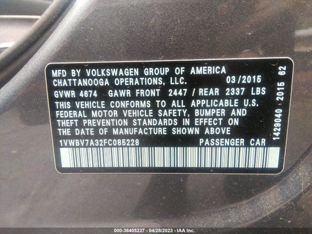 2015 VOLKSWAGEN PASSAT 2.0L TDI SE W/SUNROOF VIN: 1VWBV7A32FC085228