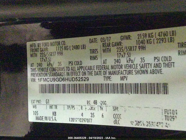 2017 FORD ESCAPE SE VIN: 1FMCU9GD6HUD52529
