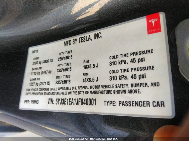 Tesla Model 3 Range Battery 2018 5YJ3E1EA1JF040001 Image 9