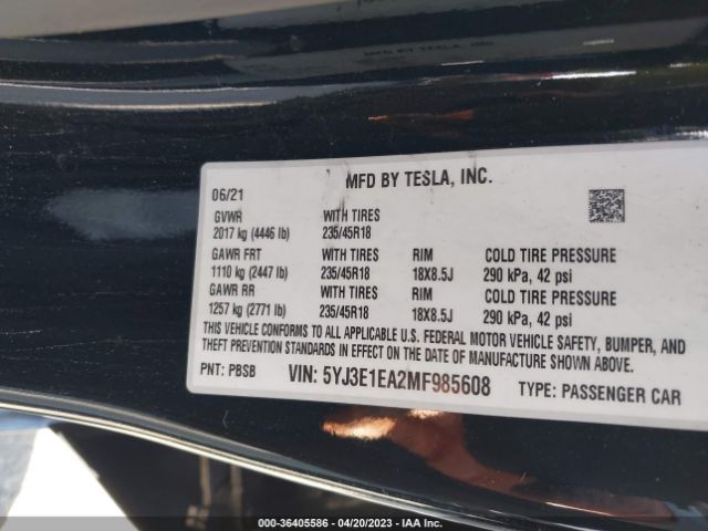 5YJ3E1EA2MF985608 Tesla Model 3 Standard Range Plus