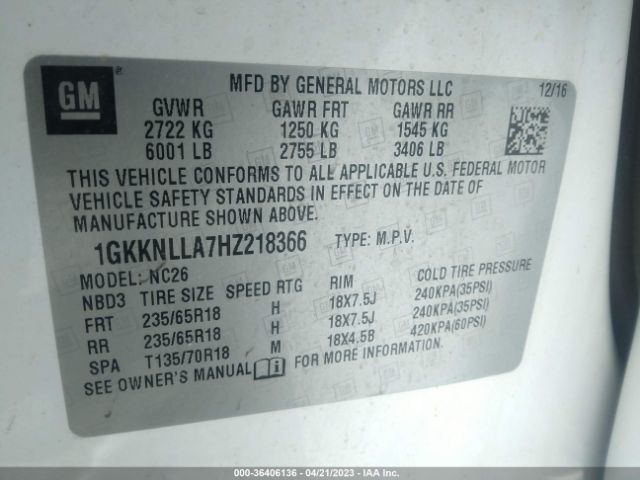 1GKKNLLA7HZ218366 GMC ACADIA SLE