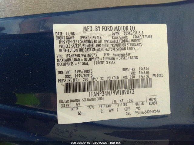 2009 FORD FOCUS S VIN: 1FAHP34N79W189073
