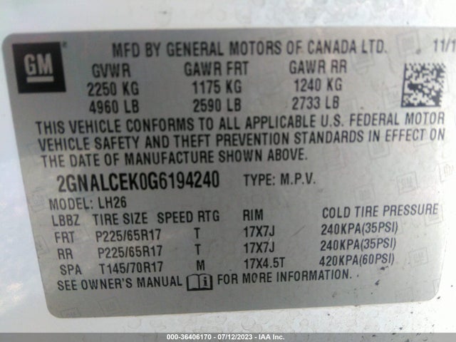 Chevrolet EQUINOX LT 2016 2GNALCEK0G6194240 Image 10