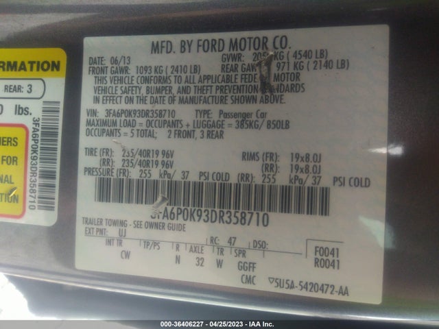 2013 FORD FUSION TITANIUM VIN: 3FA6P0K93DR358710
