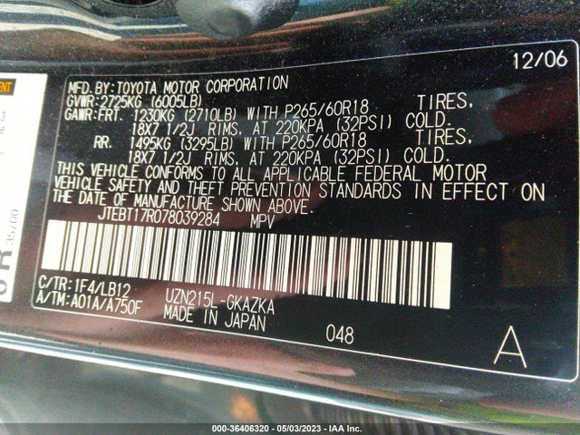 2007 TOYOTA 4RUNNER LIMITED VIN: JTEBT17R078039284