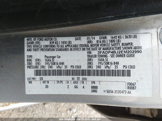 2014 FORD FIESTA SE VIN: 3FADP4BJ2EM202990
