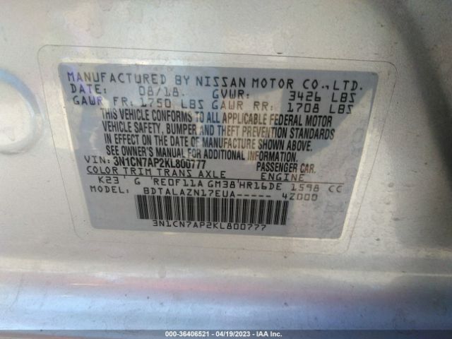 3N1CN7AP2KL800777 Nissan Versa Sedan S Plus