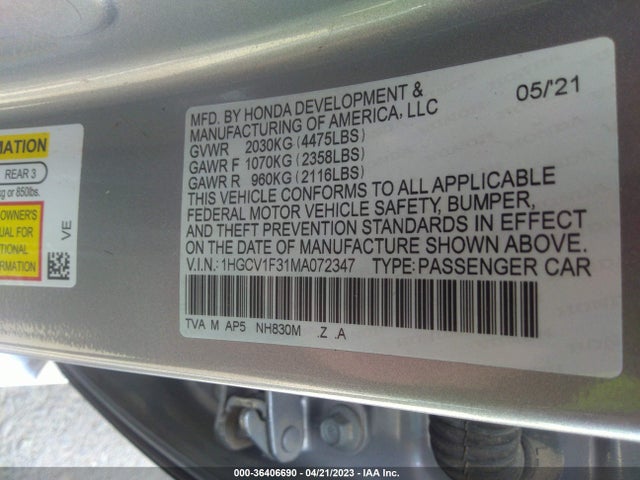 2021 HONDA ACCORD SEDAN SPORT VIN: 1HGCV1F31MA072347
